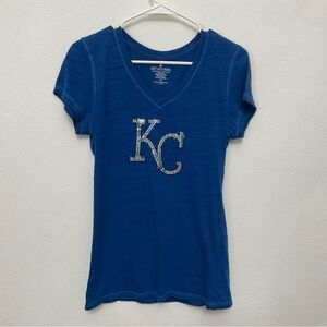 Soft As A Grape Kansas City Royals Sparkle Logo Blue V-Neck Tee Size M Baseball